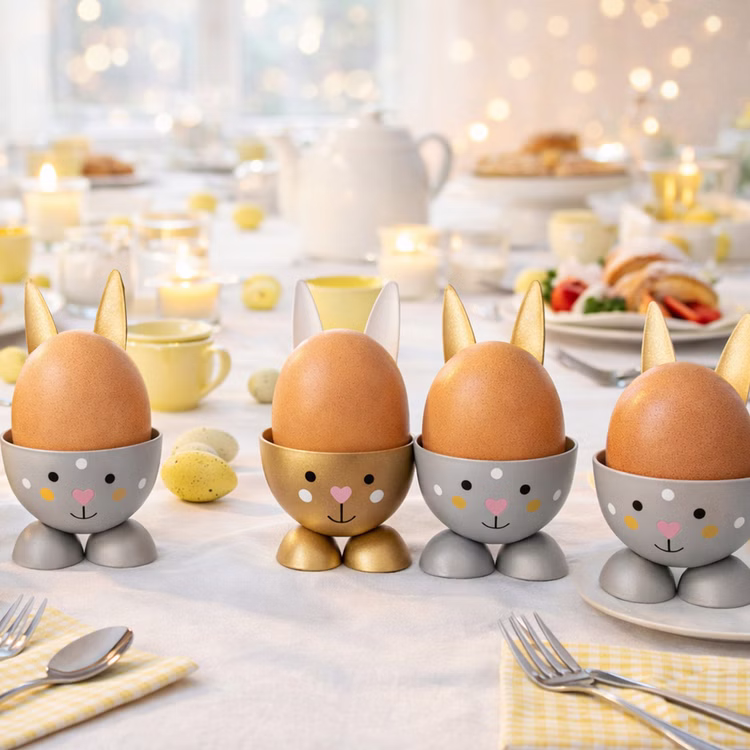 Eierbecher-Set Gold & Grau Hase Bunny 6 Stück Osterhasen-Brunch Tisch-Deko Oster-Deko Dekoration Frühling Osterfest Osterbrunch Tisch-Deko Hasen-Eierbecher in Gold und Grau mit Eiern auf gedecktem Ostertisch mit Kerzen und Frühlingsdeko.