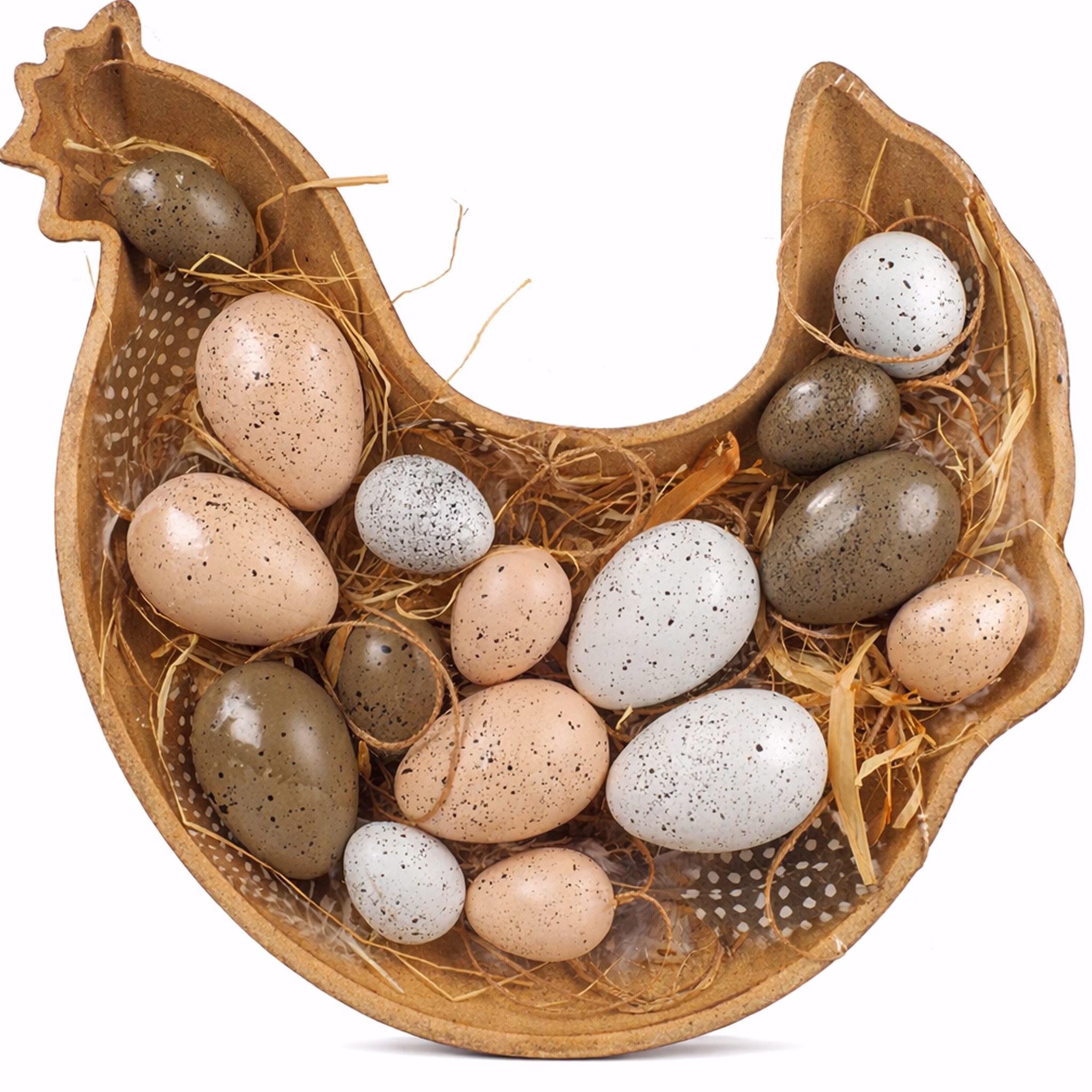 Osterdeko Holzschale Huhn 27 x 30 cm mit 16 Dekoeiern Osternest Oster-Dekoration Tisch-Deko Osterfest FRühjahr Frühling Henne mit Eiern Holzeier Ostereier Holzschale in Huhn-Form mit 16 gesprenkelten Dekoeiern in Naturtönen auf weißem Hintergrund.