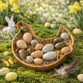 Holzschale in Huhn-Form mit 16 gesprenkelten Dekoeiern in Naturtönen auf weißem Hintergrund.
