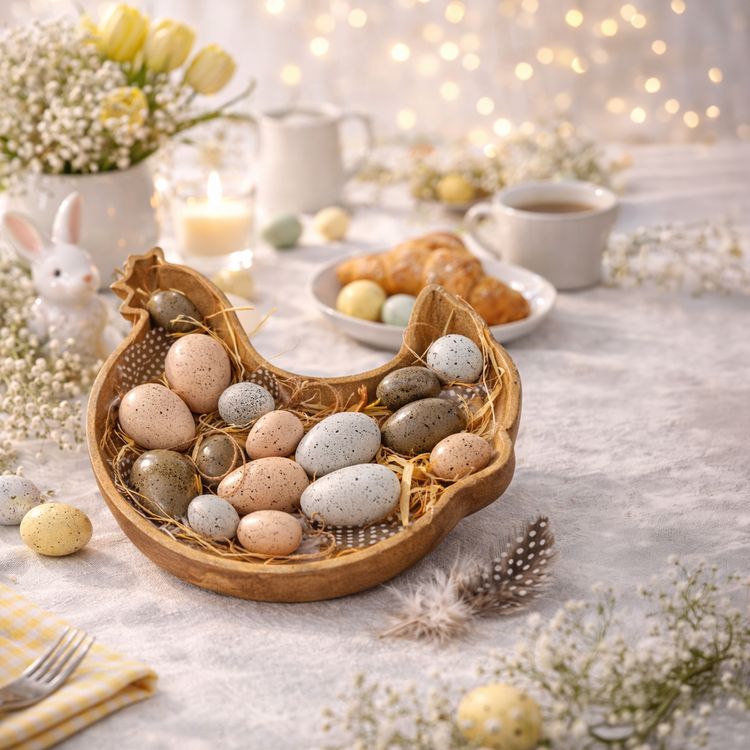 Osterdeko Holzschale Huhn 27 x 30 cm mit 16 Dekoeiern Osternest Holzschale in Huhn-Form mit 16 gesprenkelten Dekoeiern in Naturtönen auf weißem Hintergrund.