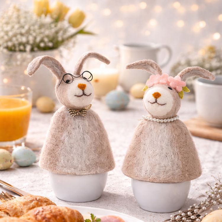 2 Eierwärmer Hasen aus Filz Hasenmann & Hasenfrau Tisch-Deko Ostern Zwei Filz-Eierwärmer in Hasenform – Hasenmann mit Brille und Schleife, Hasenfrau mit Blütenkranz und Perlenkette – vor weißem Hintergrund.