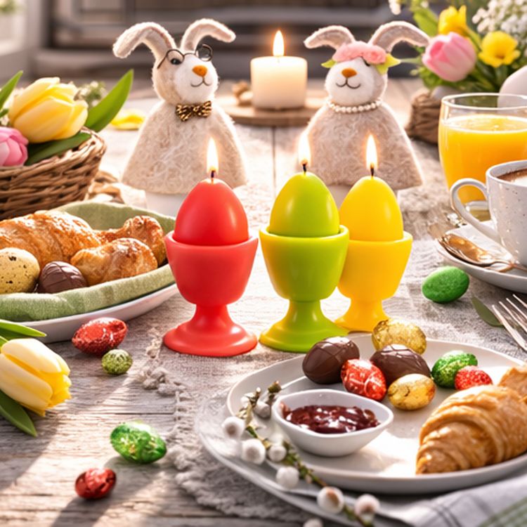Osterkerzen 3er-Set bunt im Eierbecher Tischdeko Ostern Drei bunte Kerzen in Eierform mit integriertem Eierbecher-Design in Rot, Grün und Gelb vor weißem Hintergrund.