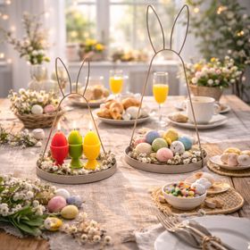 Goldfarbene Metall-Dekoschale mit Hasenohren, 39 cm hoch und 18 cm Durchmesser, auf weißem Hintergrund freigestellt.