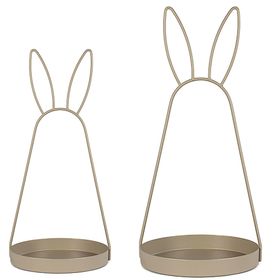 Goldfarbene Metall-Dekoschale mit Hasenohren, 49 cm hoch, auf weißem Hintergrund freigestellt.