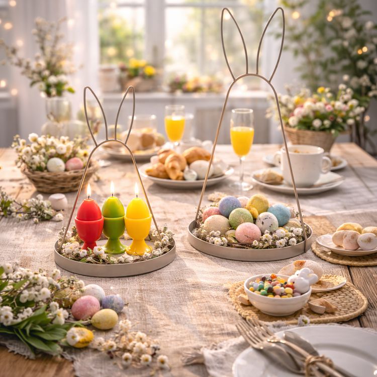 Goldfarbene Metall-Dekoschale mit Hasenohren, 49 cm hoch, auf weißem Hintergrund freigestellt.