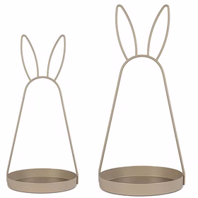 Oster-Deko Serviertablett 2er-Set mit Hasenohren 49 cm & 39 cm Schale aus Metall Hasenohren Deko-Etagere (1-stufig) Osterdeko Ostern Osterfest Dekoration Zwei goldfarbene Oster-Dekoschalen aus Metall mit Hasenohren in unterschiedlichen Größen, 39 cm und 49 cm, auf weißem Hintergrund freigestellt.