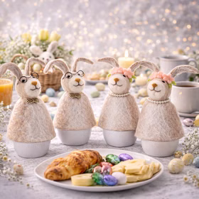 Eierwärmer Hasen aus Filz 4er-Set Hasenmann & Hasenfrau Tisch-Deko Ostern Osterbrunch Osterfrühstück Tisch-Deko Osterhase Osterfest Vier Hasen-Eierwärmer auf Frühstückstisch mit Croissants, Schokoeiern, Frühlingsblumen und Osterdekoration im Hintergrund.