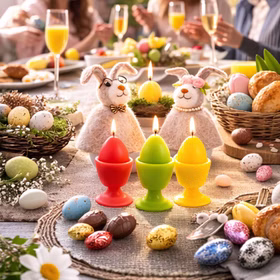 Eierwärmer Hasen aus Filz 4er-Set Hasenmann & Hasenfrau Tisch-Deko Ostern Osterbrunch Osterfrühstück Tisch-Deko Osterhase Osterfest Osterlich gedeckter Frühstückstisch mit drei brennenden Eierkerzen in Rot, Grün und Gelb sowie zwei Filz-Eierwärmern im Hasen-Design, umgeben von Blumen, Schoko-Eiern und Gebäck.
