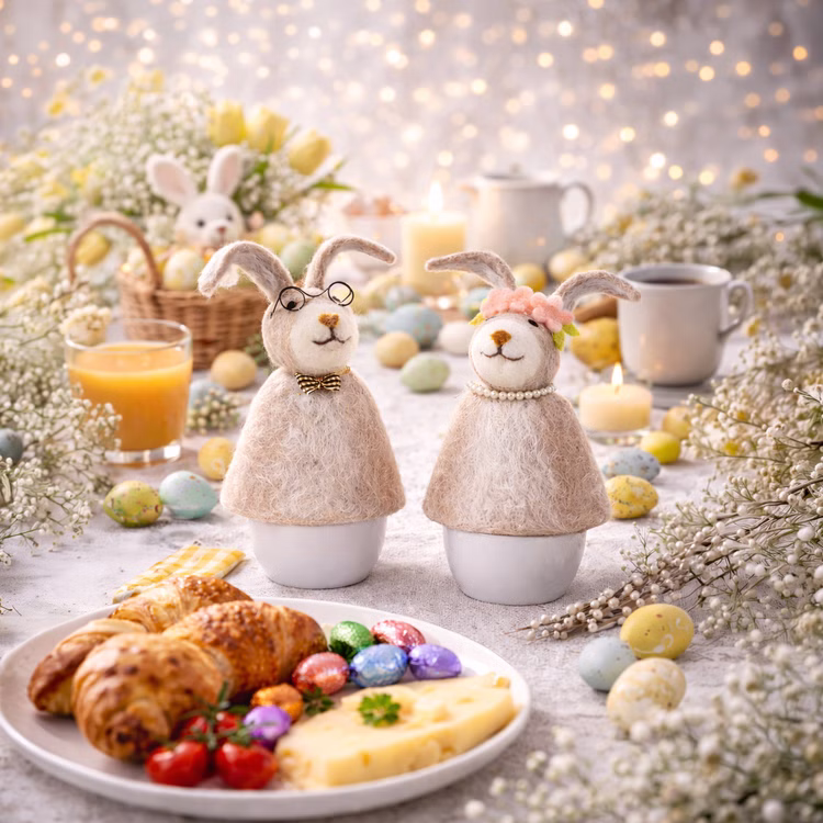 Eierwärmer Hasen aus Filz 4er-Set Hasenmann & Hasenfrau Tisch-Deko Ostern Osterbrunch Osterfrühstück Tisch-Deko Osterhase Osterfest Hasen-Eierwärmer auf Frühstückstisch mit Croissants, Schokoeiern, Frühlingsblumen und Osterdekoration im Hintergrund.