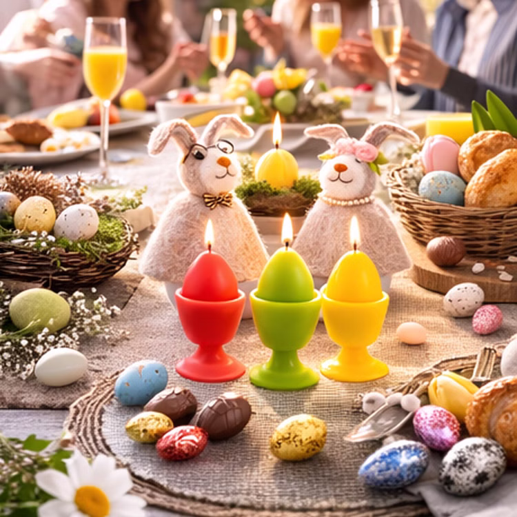 Eierwärmer Hasen aus Filz 6er-Set Hasenmann & Hasenfrau Tisch-Deko Ostern Osterbrunch Osterfrühstück Tisch-Deko Osterhase Osterfest Osterlich gedeckter Frühstückstisch mit drei brennenden Eierkerzen in Rot, Grün und Gelb sowie zwei Filz-Eierwärmern im Hasen-Design, umgeben von Blumen, Schoko-Eiern und Gebäck.