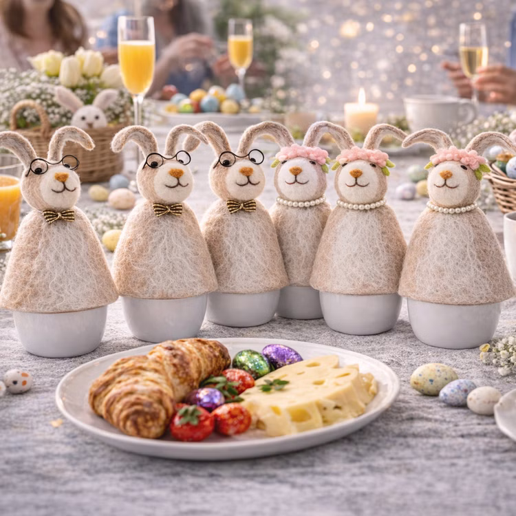 Eierwärmer Hasen aus Filz 6er-Set Hasenmann & Hasenfrau Tisch-Deko Ostern Osterbrunch Osterfrühstück Tisch-Deko Osterhase Osterfest Sechs Hasen-Eierwärmer auf Frühstückstisch mit Croissants, Schokoeiern, Frühlingsblumen und Osterdekoration im Hintergrund.