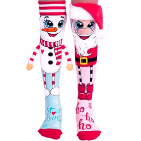 Lustige Weihnachtssocken mit 3D Schneemann & Weihnachtsmann Kinder & Erwachsene Kindersocken Geschenkidee Nikolaus Weihnachten Socken für Erwachsene Lustige Weihnachtssocken Weihnachtsfeier Kniestrümpfe mit Schneemann- und Weihnachtsmann-Motiv sowie 3D-Applikationen, Vorderansicht beider Socken.