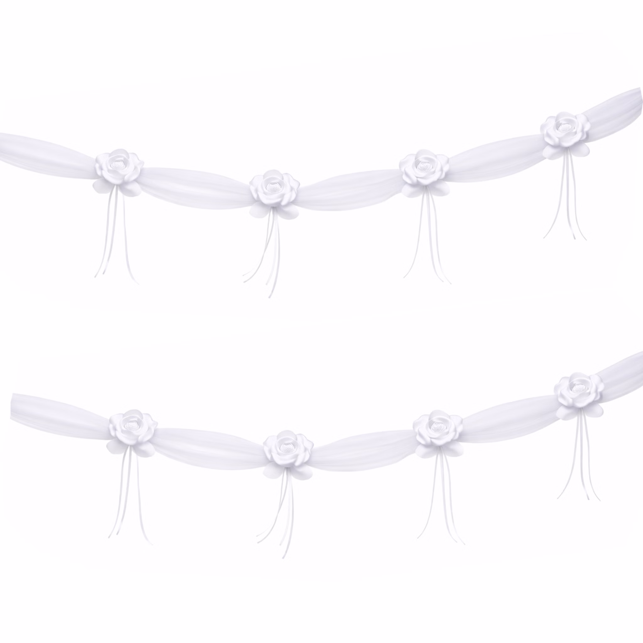 Autoschmuck Deko 2 Girlanden mit Blüten Weiß 180 cm Motorhaube Hochzeitsauto Wedding Car Organza-Girlande mit Rosenblüten Dekoration Zwei weiße Organza-Girlanden mit jeweils vier Rosenblüten auf neutralem Hintergrund dargestellt.