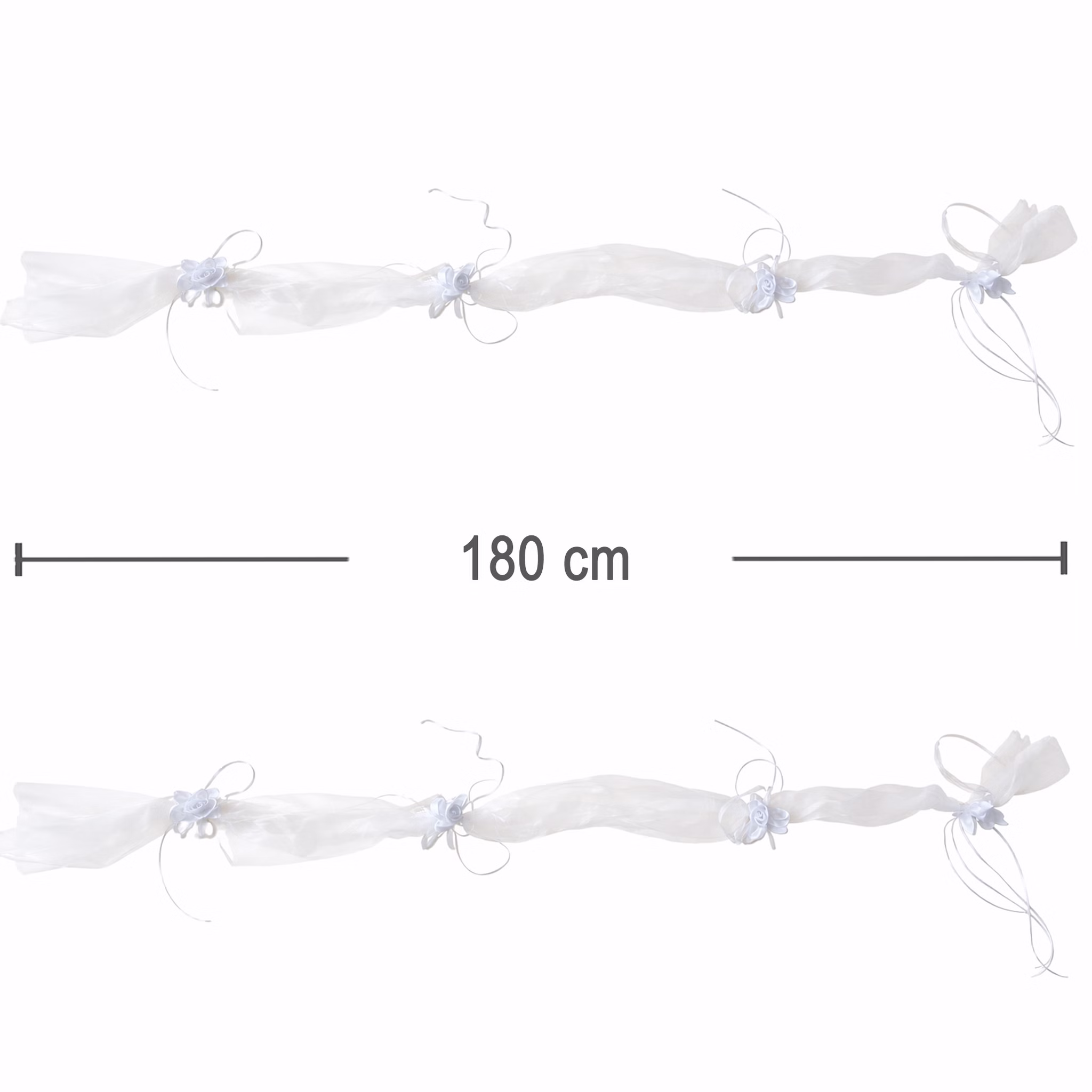 Autoschmuck Deko 2 Girlanden mit Blüten Weiß 180 cm Motorhaube Hochzeitsauto Wedding Car Organza-Girlande mit Rosenblüten Dekoration Produktabbildung der weißen Hochzeitsgirlanden mit Maßangabe von 180 cm Länge.