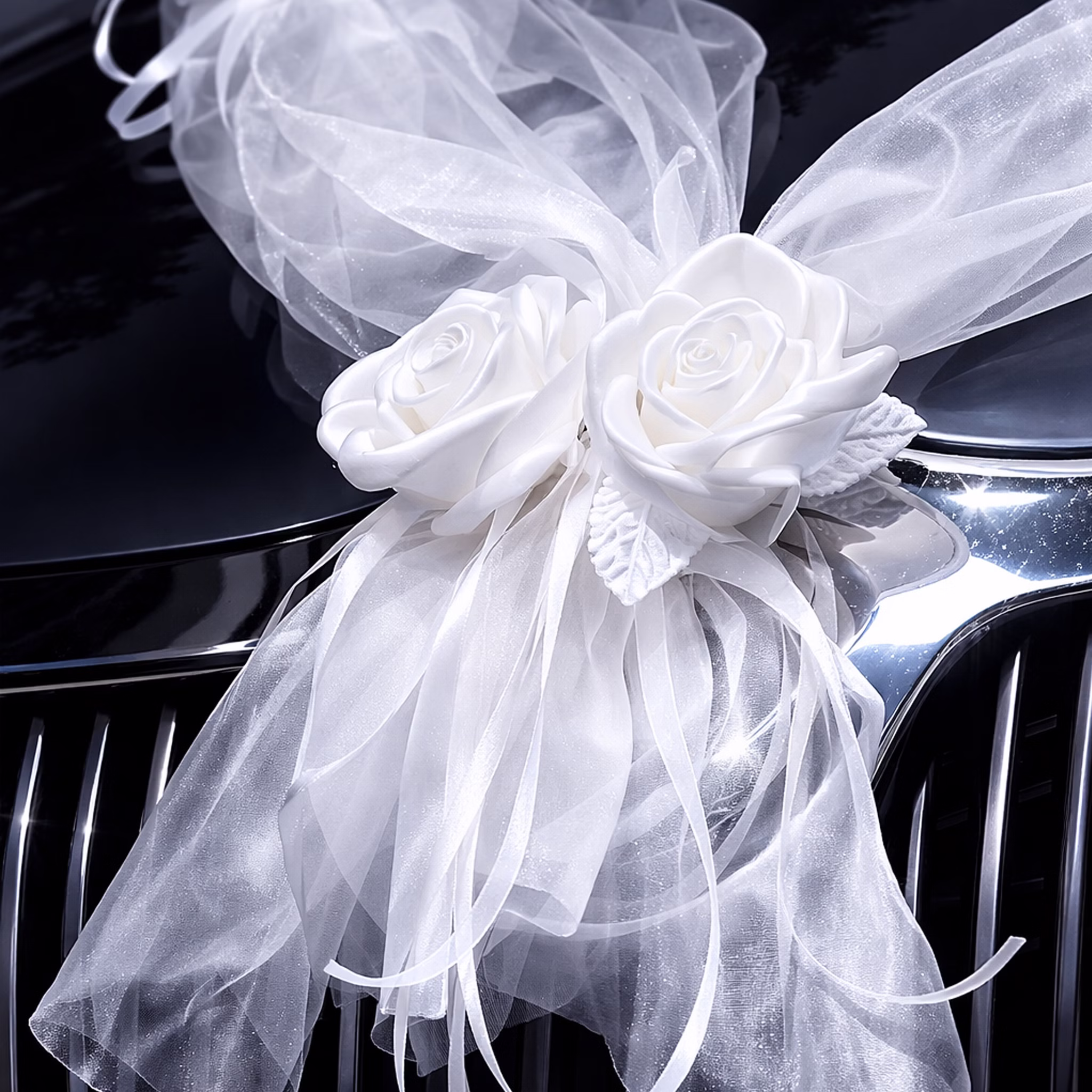 Autoschmuck Deko 2 Girlanden mit Blüten Weiß 180 cm Motorhaube Hochzeitsauto Wedding Car Organza-Girlande mit Rosenblüten Dekoration Große weiße Rosenblüten mit Organza-Schleifen als Autoschmuck auf einem Kühlergrill befestigt.