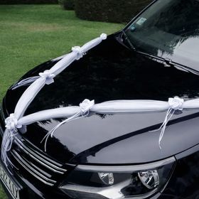 Detailansicht der weißen Hochzeitsgirlande mit Rosenblüten entlang der Motorhaube eines Fahrzeugs.