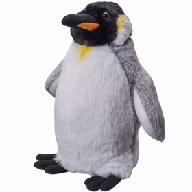 Stehendes Königspinguin Plüschtier mit weichem grau-weißem Plüsch und gelben Details