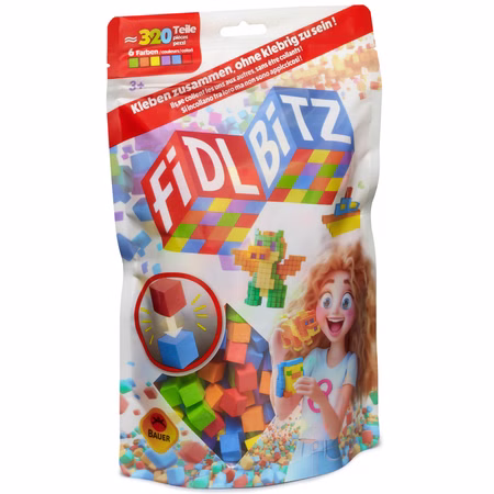320 Selbstklebende Würfel Kreatives Motorik- & Konstruktionsspielzeug FIDL BITZ Bau- und Lernspielzeug für Kinder ab 3 Jahren Spielwaren Spielzeug Geschenkidee Bunte Bauwürfel Verpackung der FIDL BITZ selbstklebenden Bauwürfel mit 320 bunten Bausteinen.