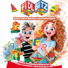 Verpackung der FIDL BITZ selbstklebenden Bauwürfel mit 320 bunten Bausteinen.