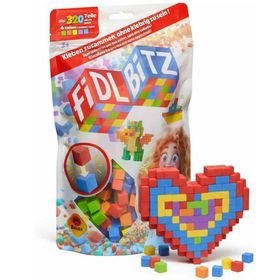 Verpackung der FIDL BITZ selbstklebenden Bauwürfel mit 320 bunten Bausteinen.