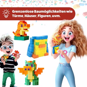 320 Selbstklebende Würfel Kreatives Motorik- & Konstruktionsspielzeug FIDL BITZ Bau- und Lernspielzeug für Kinder ab 3 Jahren Spielwaren Spielzeug Geschenkidee Bunte Bauwürfel Beispiele für Baufiguren wie Dinosaurier, Pinguin und Fantasiefiguren.
