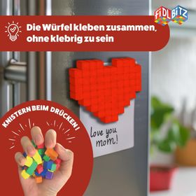 Verpackung der FIDL BITZ selbstklebenden Bauwürfel mit 320 bunten Bausteinen.