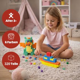 Verpackung der FIDL BITZ selbstklebenden Bauwürfel mit 320 bunten Bausteinen.