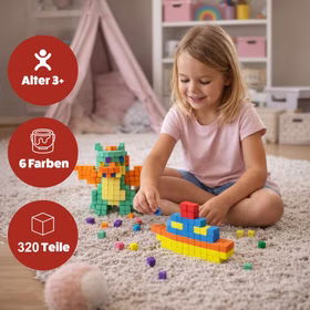 320 Selbstklebende Würfel Kreatives Motorik- & Konstruktionsspielzeug FIDL BITZ Bau- und Lernspielzeug für Kinder ab 3 Jahren Spielwaren Spielzeug Geschenkidee Bunte Bauwürfel Mädchen spielt kreativ mit den bunten Bauwürfeln.