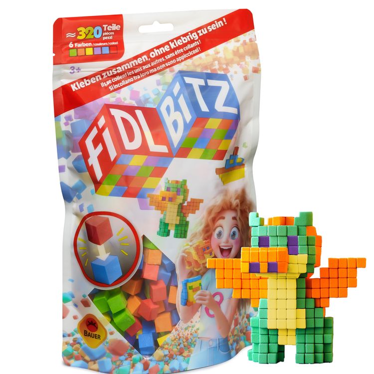 320 Selbstklebende Würfel Kreatives Motorik- & Konstruktionsspielzeug für Kinder Verpackung der FIDL BITZ selbstklebenden Bauwürfel mit 320 bunten Bausteinen.