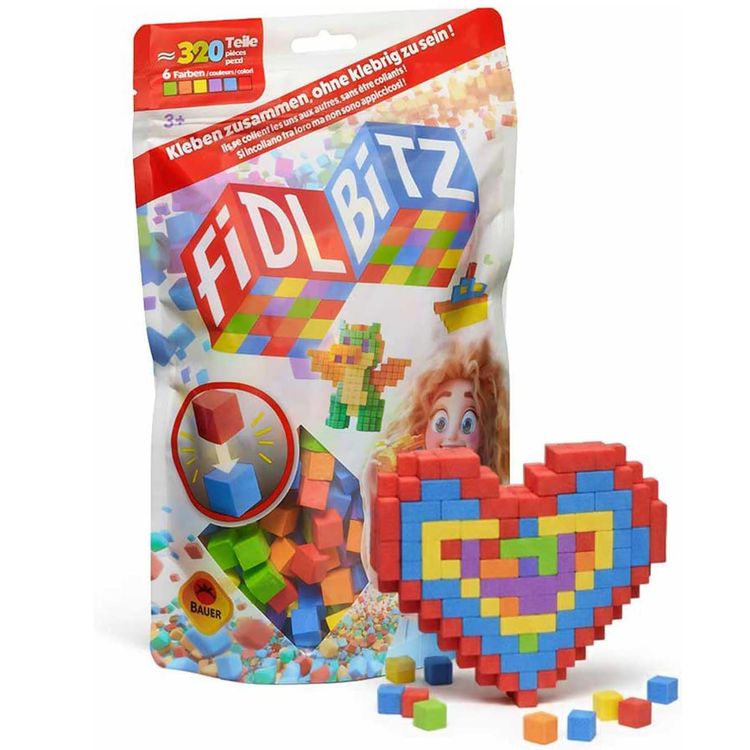 320 Selbstklebende Würfel Kreatives Motorik- & Konstruktionsspielzeug für Kinder Verpackung der FIDL BITZ selbstklebenden Bauwürfel mit 320 bunten Bausteinen.
