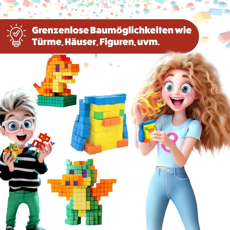 320 Selbstklebende Würfel Kreatives Motorik- & Konstruktionsspielzeug für Kinder Verpackung der FIDL BITZ selbstklebenden Bauwürfel mit 320 bunten Bausteinen.
