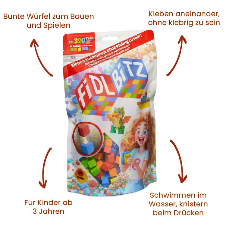 320 Selbstklebende Würfel Kreatives Motorik- & Konstruktionsspielzeug für Kinder Verpackung der FIDL BITZ selbstklebenden Bauwürfel mit 320 bunten Bausteinen.