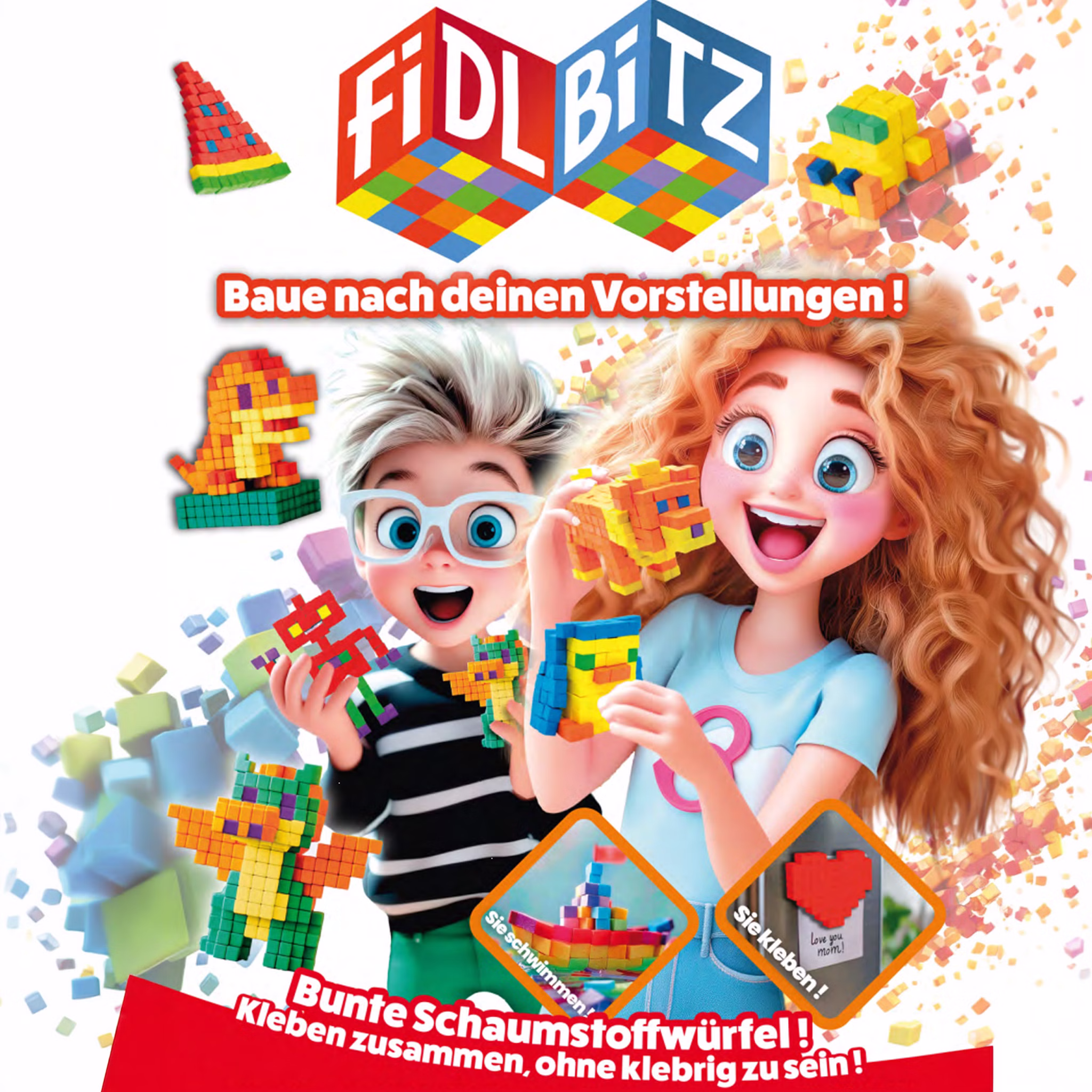 184 Selbstklebende Würfel Kreatives Motorik- & Konstruktionsspielzeug für Kinder im Eimer FIDL BITZ Bau- und Lernspielzeug für Kinder ab 3 Jahren Spielwaren Spielzeug Geschenkidee Bunte Bauwürfel Zwei Kinder spielen mit bunten FIDL BITZ Bauwürfeln aus Schaumstoff und zeigen verschiedene Figuren wie Tiere und Boote.