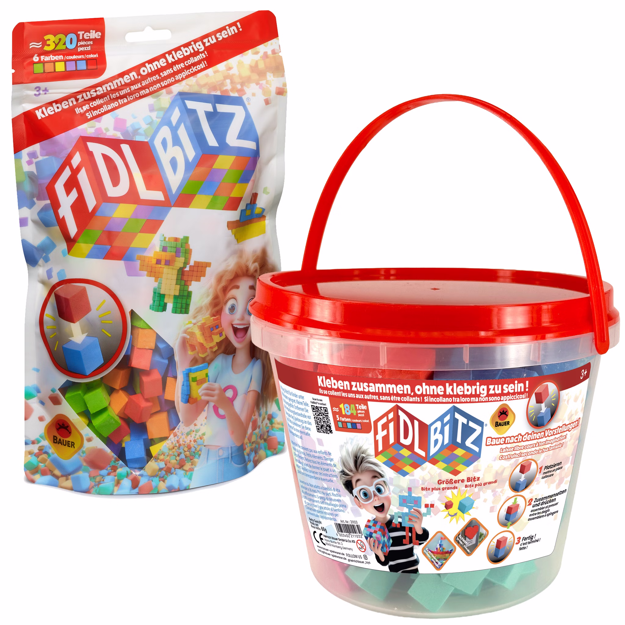 184 Selbstklebende Würfel Kreatives Motorik- & Konstruktionsspielzeug für Kinder im Eimer FIDL BITZ Bau- und Lernspielzeug für Kinder ab 3 Jahren Spielwaren Spielzeug Geschenkidee Bunte Bauwürfel Verpackungsvarianten der FIDL BITZ Bauwürfel: Beutel mit 320 bunten Schaumstoffwürfeln sowie Eimer mit Griff und 181 größeren Bauwürfeln. Die selbsthaftenden Würfel lassen sich ohne Kleber zusammendrücken und ermöglichen kreatives Bauen und Spielen.