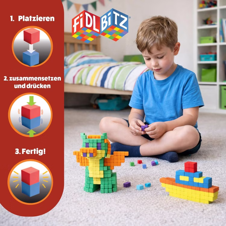 184 Selbstklebende Würfel Kreatives Motorik- & Konstruktionsspielzeug für Kinder im Eimer FIDL BITZ Bau- und Lernspielzeug für Kinder ab 3 Jahren Spielwaren Spielzeug Geschenkidee Bunte Bauwürfel Kind spielt auf dem Boden mit bunten FIDL BITZ Bauwürfeln und baut eine Figur und ein Boot. Die selbsthaftenden Würfel werden übereinander gesetzt und zusammengedrückt, um kreative Bauwerke zu gestalten.