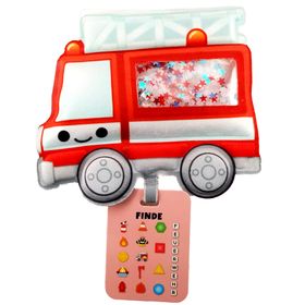 Sensorik-Spielzeug in Form eines roten Feuerwehrautos mit transparentem Fenster, gefüllt mit kleinen Perlen und versteckten Symbolen. Am unteren Rand hängt eine Suchkarte mit verschiedenen Feuerwehr-Motiven und Buchstaben.