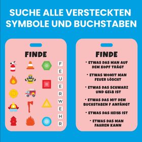 Sensorik-Spielzeug in Form eines roten Feuerwehrautos mit transparentem Fenster, gefüllt mit kleinen Perlen und versteckten Symbolen. Am unteren Rand hängt eine Suchkarte mit verschiedenen Feuerwehr-Motiven und Buchstaben.