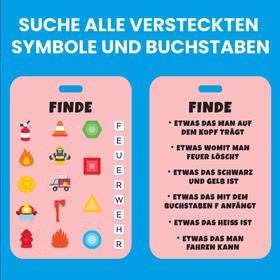 Feuerwehr Sensorik Reise-Spielzeug mir Perlen & versteckten Objekten ab 2 Jahren Reisespielzeug gegen Langeweile Motorik Förderung Spielzeug pädagogisches Spielzeug Kleinkinder Geschenkidee Konzentrationsspiel für Kinder Übersicht des Feuerwehr-Sensorik-Spielzeugs mit der Suchkarte sowie einer Anleitung zum Finden der versteckten Symbole und Buchstaben im Inneren des Spielzeugs.