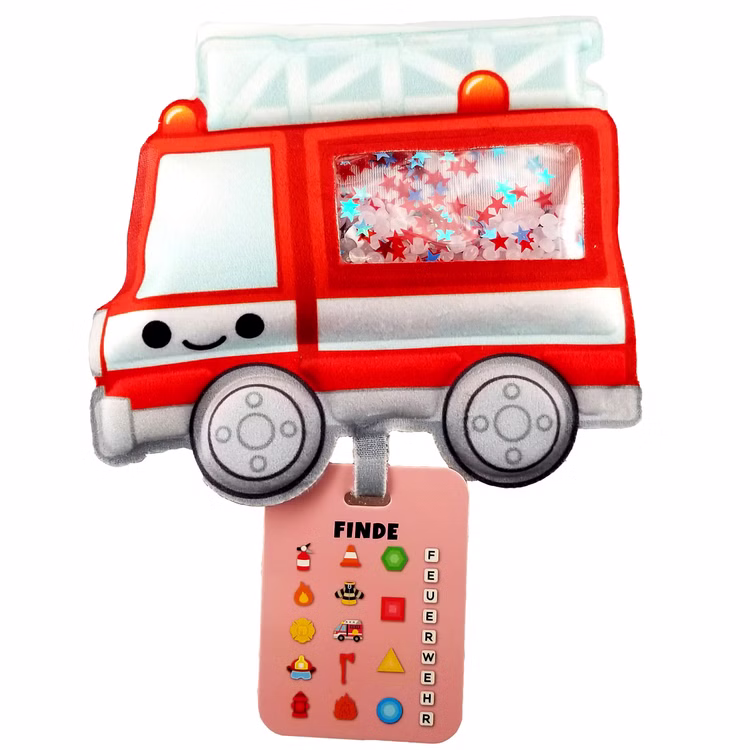 Feuerwehr Sensorik Reise-Spielzeug mir Perlen & versteckten Objekten ab 2 Jahren Reisespielzeug gegen Langeweile Motorik Förderung Spielzeug pädagogisches Spielzeug Kleinkinder Geschenkidee Konzentrationsspiel für Kinder Sensorik-Spielzeug in Form eines roten Feuerwehrautos mit transparentem Fenster, gefüllt mit kleinen Perlen und versteckten Symbolen. Am unteren Rand hängt eine Suchkarte mit verschiedenen Feuerwehr-Motiven und Buchstaben.