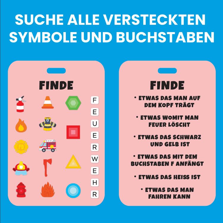 Feuerwehr Sensorik Reise-Spielzeug mir Perlen & versteckten Objekten ab 2 Jahren Sensorik-Spielzeug in Form eines roten Feuerwehrautos mit transparentem Fenster, gefüllt mit kleinen Perlen und versteckten Symbolen. Am unteren Rand hängt eine Suchkarte mit verschiedenen Feuerwehr-Motiven und Buchstaben.