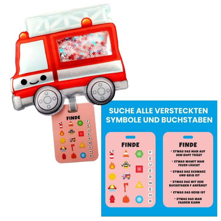 Feuerwehr Sensorik Reise-Spielzeug mir Perlen & versteckten Objekten ab 2 Jahren Sensorik-Spielzeug in Form eines roten Feuerwehrautos mit transparentem Fenster, gefüllt mit kleinen Perlen und versteckten Symbolen. Am unteren Rand hängt eine Suchkarte mit verschiedenen Feuerwehr-Motiven und Buchstaben.