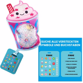 Suchkarte des Sensorik-Suchspiels mit verschiedenen Symbolen und Buchstaben, die im Milchshake-Spielzeug versteckt sind. Daneben stehen Hinweise und Aufgaben zum Finden der passenden Objekte.