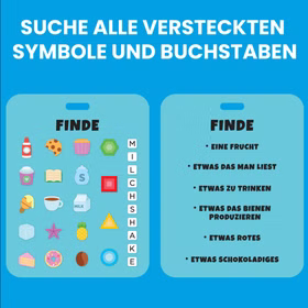 Suchkarte des Milchshake Sensorik-Spielzeugs mit Symbolen, Formen und Buchstaben, die im Spielzeug versteckt sind und gefunden werden sollen.