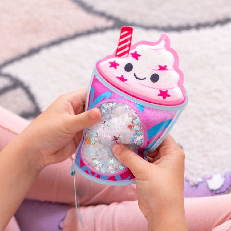 Milchshake Sensorik-Spielzeug mit Perlenfüllung und Suchkarte. Kinder können versteckte Symbole und Buchstaben im Inneren durch Verschieben der Perlen entdecken.