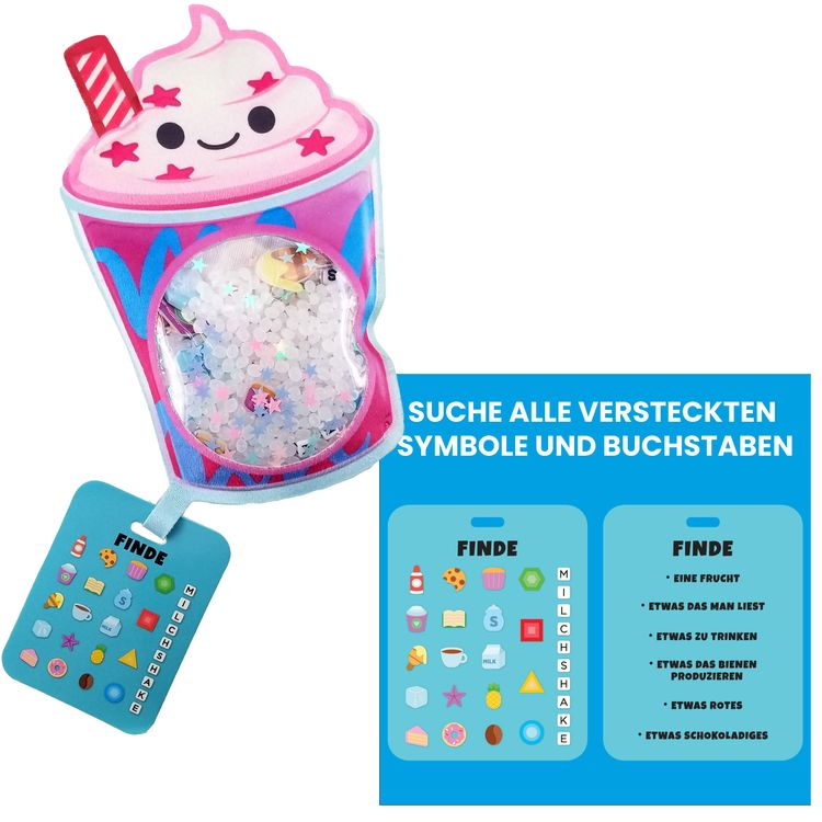 Milchshake Sensorik-Spielzeug mit Perlenfüllung und Suchkarte. Kinder können versteckte Symbole und Buchstaben im Inneren durch Verschieben der Perlen entdecken.