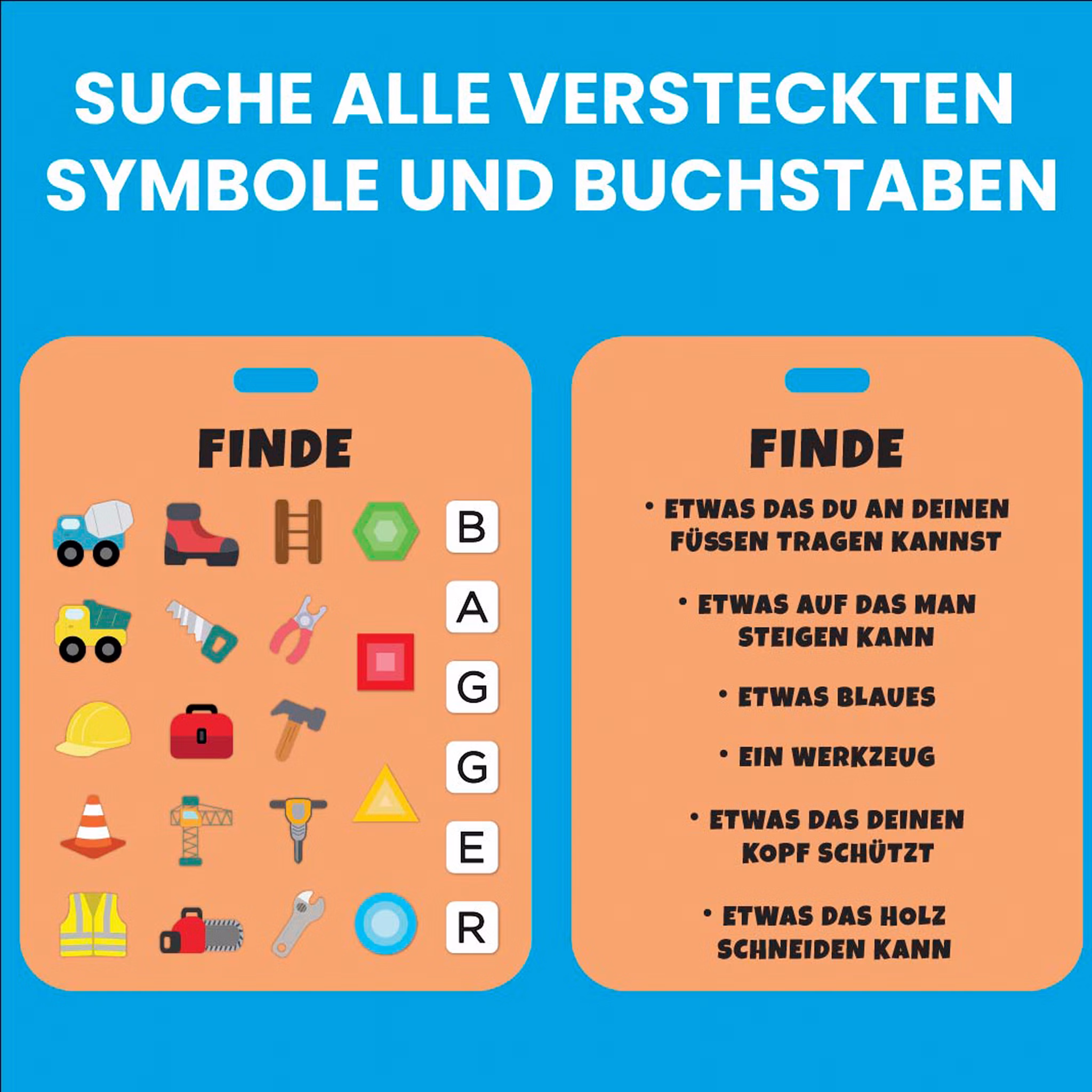 Bagger Sensorik Reise-Spielzeug mir Perlen & versteckten Objekten ab 2 Jahren Reisespielzeug gegen Langeweile Motorik Förderung Spielzeug pädagogisches Spielzeug Kleinkinder Geschenkidee Konzentrationsspiel für Kinder Detailansicht der Suchkarte mit Aufgaben und Symbolen, die im Bagger Sensorik-Spielzeug zwischen den Perlen versteckt sind.