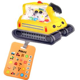 Gelbes Bagger Sensorik-Spielzeug mit Perlenfüllung und Suchkarte. Kinder können versteckte Baustellen-Symbole und Buchstaben im Inneren find