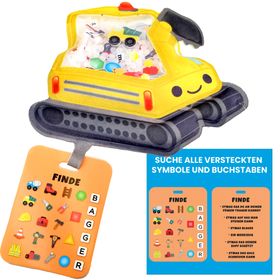 Gelbes Bagger Sensorik-Spielzeug mit Perlenfüllung und Suchkarte. Kinder können versteckte Baustellen-Symbole und Buchstaben im Inneren find