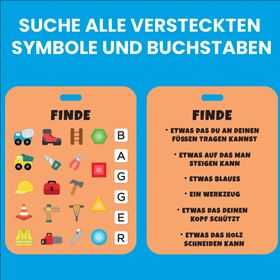 Gelbes Bagger Sensorik-Spielzeug mit Perlenfüllung und Suchkarte. Kinder können versteckte Baustellen-Symbole und Buchstaben im Inneren find