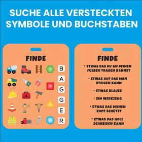 Detailansicht der Suchkarte mit Aufgaben und Symbolen, die im Bagger Sensorik-Spielzeug zwischen den Perlen versteckt sind.